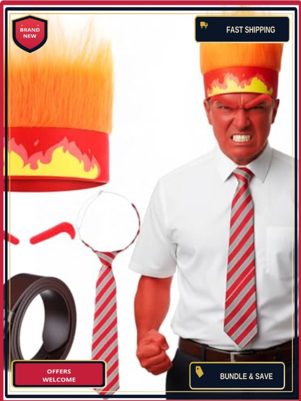 Halloween Angry Costume Set Fire Headband Striped Tie Belt Plush Eyebrows